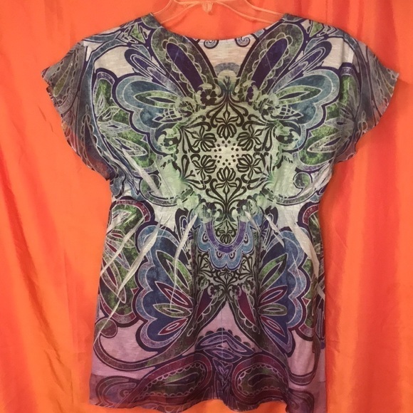 One World Women’s Tunic Top Purple/Green Embroidered V Neck with Sequins Size S - Picture 8 of 11